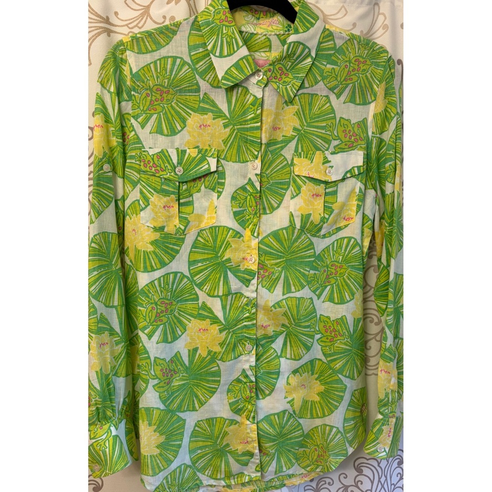 Lilly Pulitzer Linen Button Down Shirt Small Green Yellow Lily Pad Frog Print